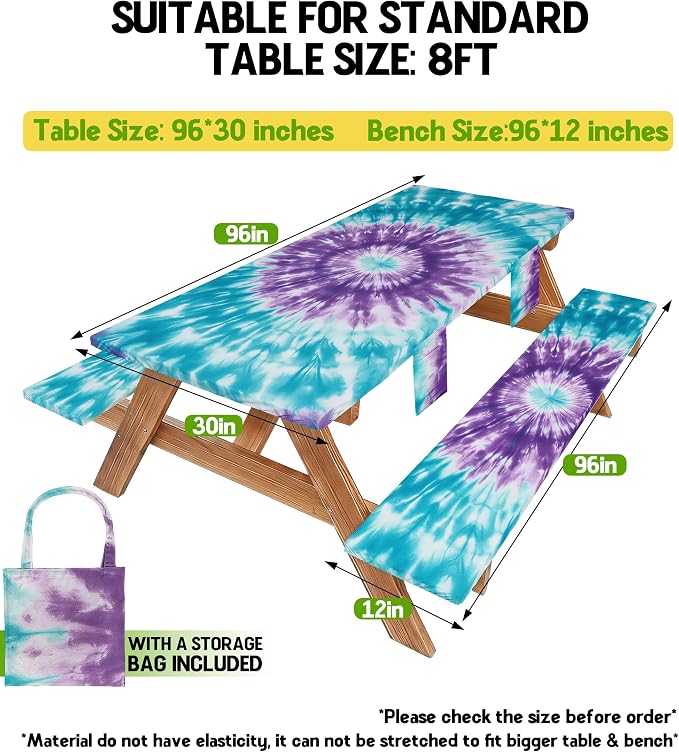 Picnic Table Cover with Bench Covers Waterproof Elastic Rectangle Tablecloth Camping Essentials Supplies Rv Car Travel Must Haves Gear Accessories Fitted Table Cloth Outdoor Road Trip Camper Gifts 8ft