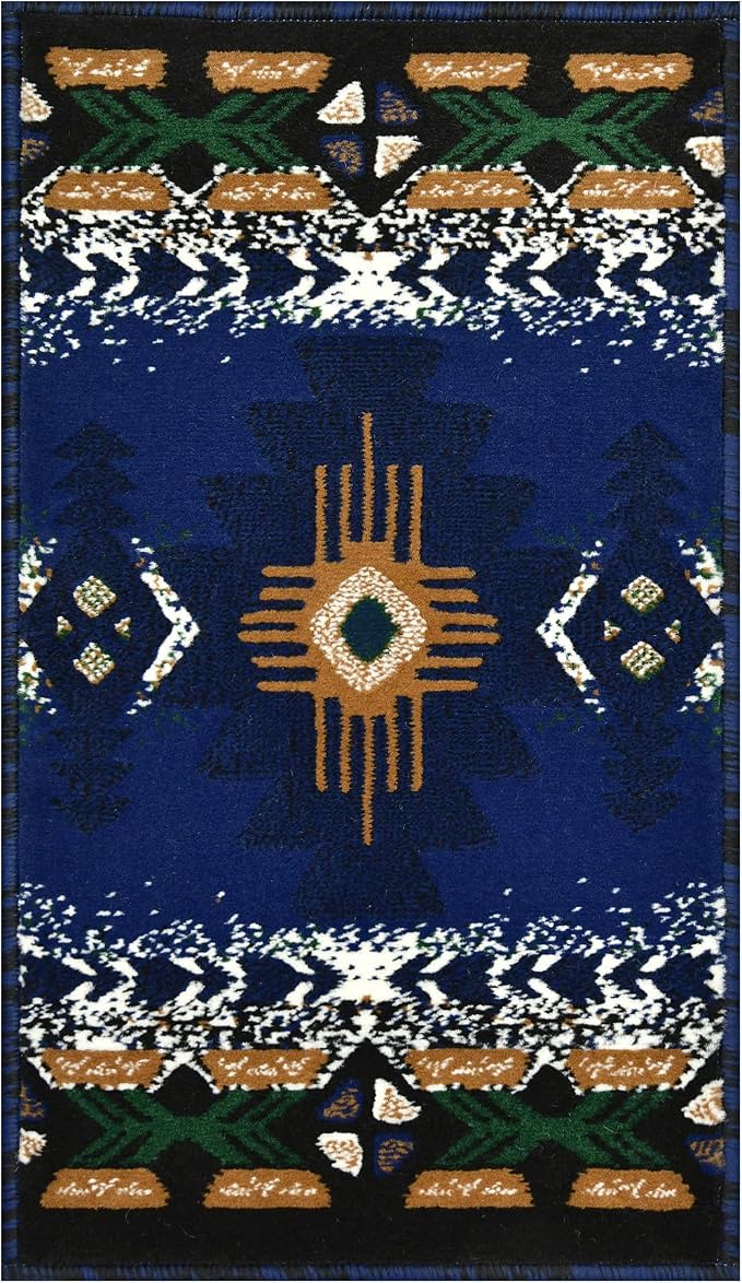 YHSF South West Native American Area Rug C318 - Easy Clean, Thick, Soft, Durable Native Tribal American Indian Inspired Rug for Bedroom/Living Room and More - Navy Blue, 16 Inches x 28 Inches