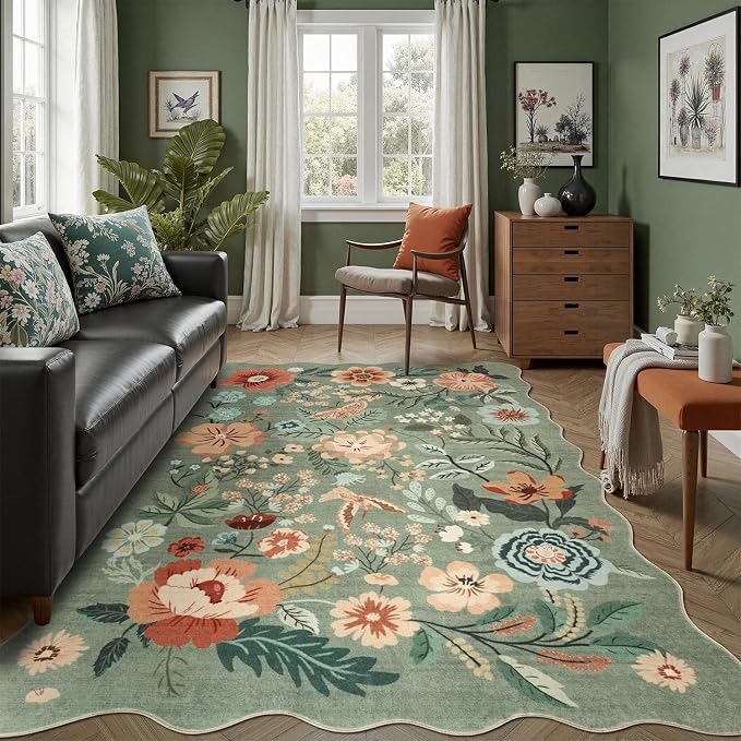 DCX Vintage Floral Washable Area Rug 8x10, Non Slip Low Pile Rug, Sage Green