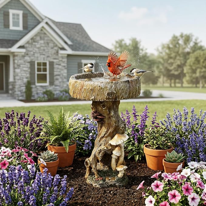 Hamiedun Bird Baths for Outdoor - 24.8" Tall Pedestal Resin fiber, Woodland Tree Trunk Decoration Yard Statue，Pedestal Birdbaths for Outdoors, Garden, Patio, Lawn, Backyard (24.8''H)