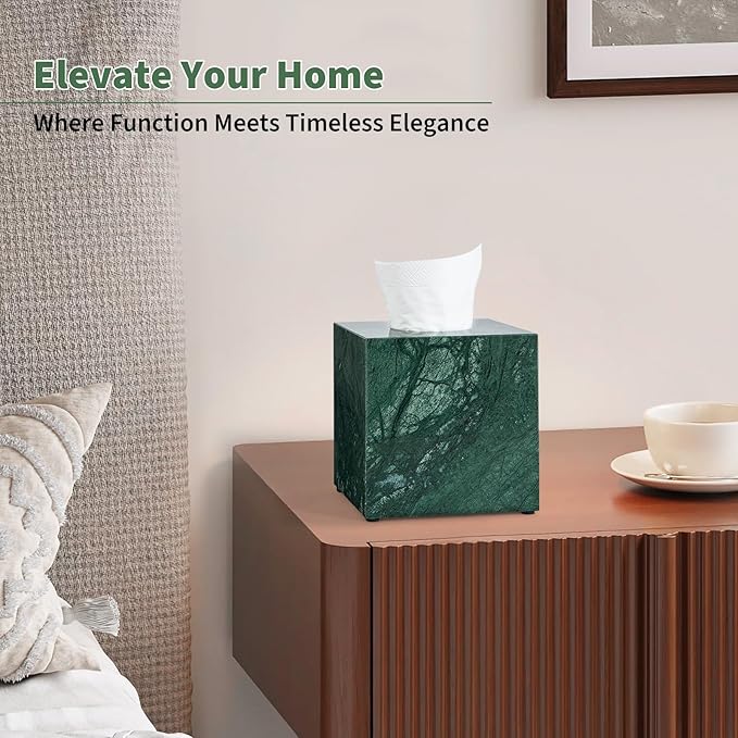 Real Natural Marble Tissue Box Cover, 5.5 Inch Square Marble Tissue Box Holder with Open Bottom, Heavy Stone Decorative Organizer for Bathroom Vanity, Kitchen Countertop, Luxury Home Décor