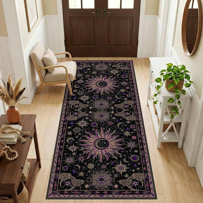 Vacuum-Friendly, 2x6 Washable Area Rug, Black Purple Beige | Sun and Moon Boho Gothic Non-Slip Low Pile Living Roon Bedroom Dining Room Kitchen Entry Entryway Entrance Hallway Doormat
