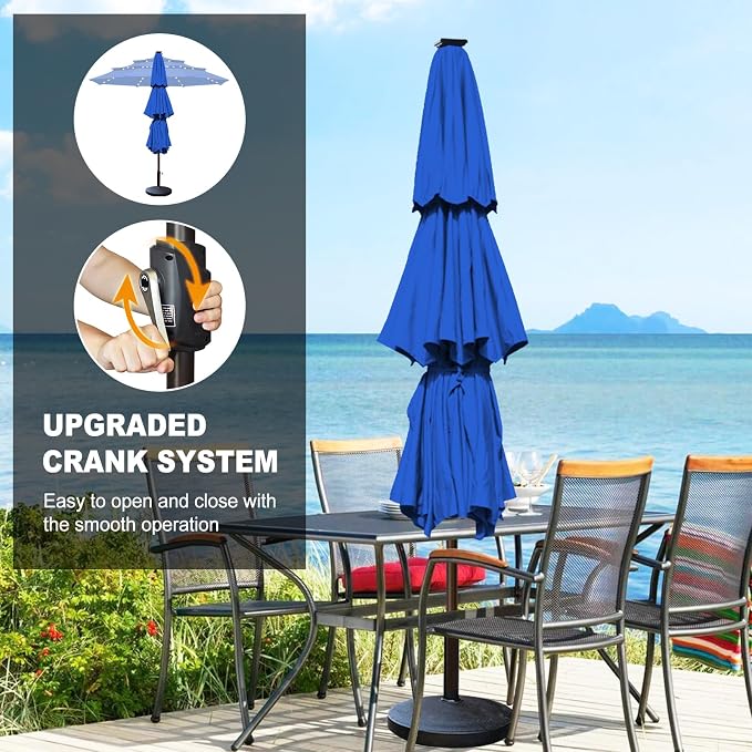 Eurmax USA 10-Year-Non-Fading 10FT 3-Tier Outdoor Patio Market Umbrella with LED Lights,UPF50+ UV Resistant,Commercial Grade,Crank Lift Design,Windproof Vented Top for Garden,Pool,Deck,Pacific Blue