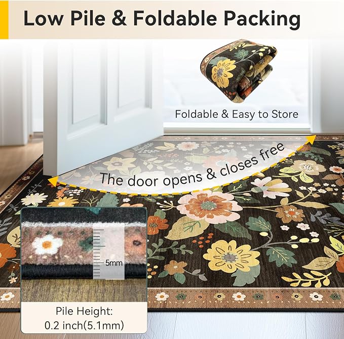 RELEANY Floral Washable 3x5 Area Rugs Black/Yellow | Flower Carpet, Print, Boho, Non-Slip, Easy to Clean, Soft, Low Pile for Living Room Bedroom Kitchen Office Entryway Hallway