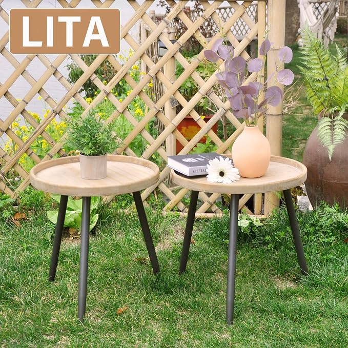 LITA 2 Pcs Round Side End Table, Nightstand Tables, Log Desktop, Wooden Tray Table with Black Metal Stand End Table for Living Room Bedroom Office Small Spaces (M)