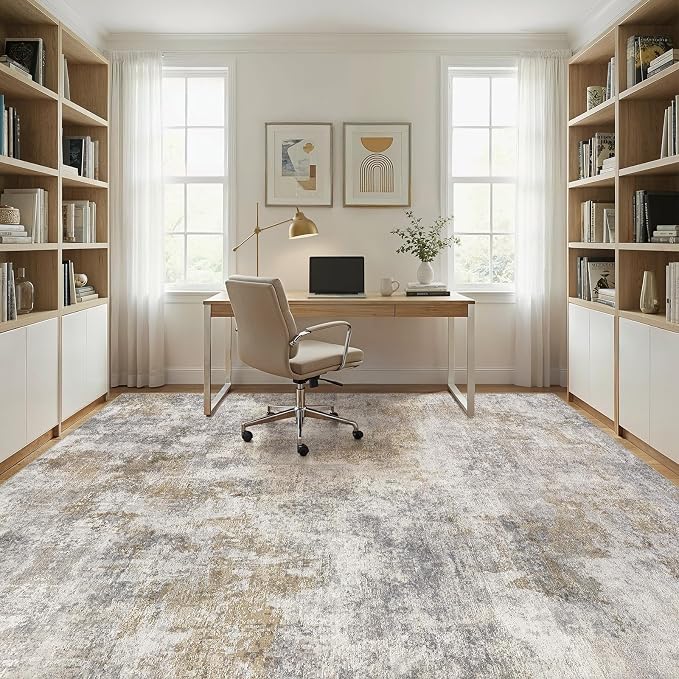 10x14 Area Rug Washable Abstract Rugs for Living Room Light Brown/Grey | for Bedroom, Dining Room, Office, Nursery, Soft Neutral, Low Pile Non-Slip, Kid Pet Friendly, Large Indoor Carpet, Home Decor