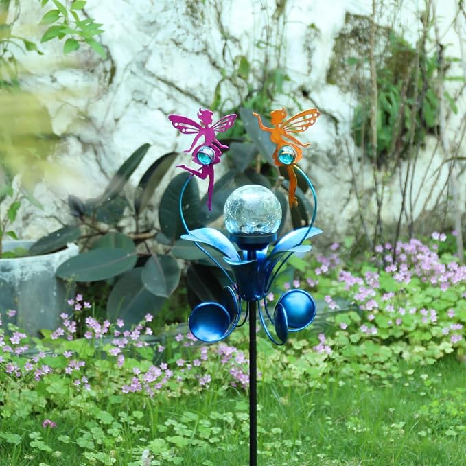 Decorative Solar Outdoor Light, Fairy Glass Globe Stake For Lawn Yard | Solar Fairy Lights With Wind Spinner Design, Crackle Glass Globe, Auto On/Off For Garden, Lawn, Yard
