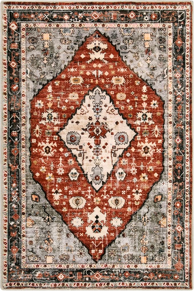 Lahome Felice Boho Tribal Area Rug - 2x3 Small Red Oriental Entryway Rugs for Bedroom, Soft Washable Non Slip Bathroom Mat Indoor Throw Carpet for Laundry Room Foyer Bedside Living Room