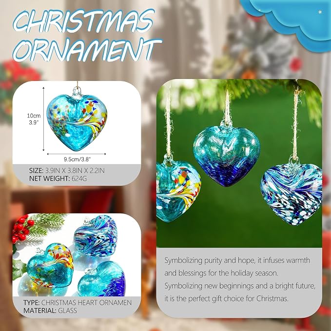 Set of 3 Handmade Glass Heart Ornament 3.9 Inch Blue Friendship Heart Balls | Hand-Blown Craftsmanship, Easy-Hang Lanyard Design for Indoor & Outdoor Hanging