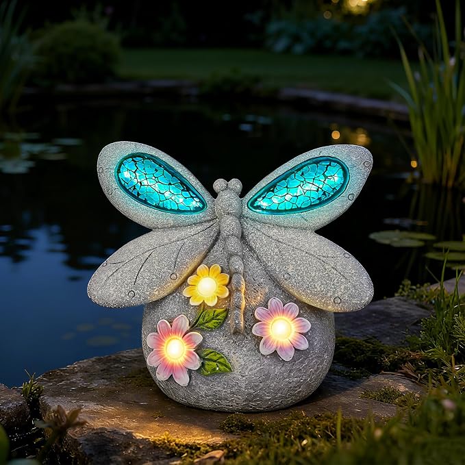 Dragonfly Garden Decor with Solar Cracked Glass Wings & Flower Lights | Solar Outdoor Statue for Patio, Lawn, Yard Ornament Eco-Friendly Housewarming, Birthday Gift for Women