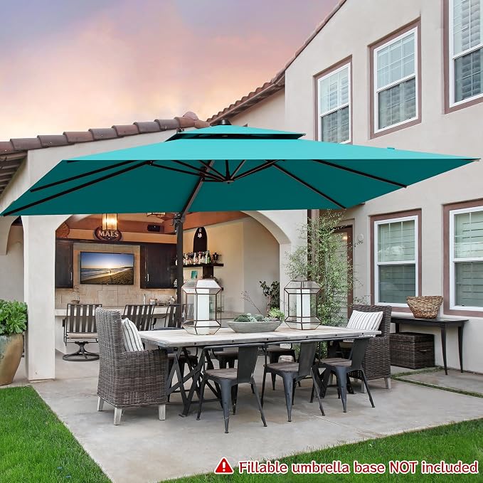 9x12FT Cantilever Patio Umbrella - Heavy Duty Double Layer Offset Design with 360° Rotation, Large Rectangle Sun Shade Umbrella for Garden, Deck, Pool, Backyard, Turquoise