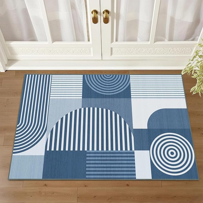 Blue Geometric Rug 2x3 for Entryway Machine Washable Mid Century Modern Rug Non Slip Low Pile Minimalist Line Rugs Door Indoor Mat Carpet for Bathroom Bedroom Kitchen Laundry,Blue