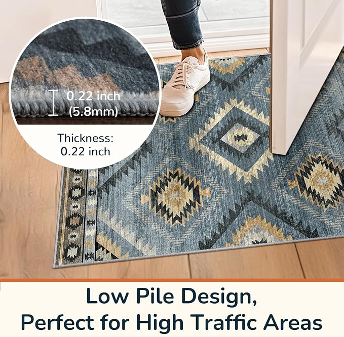 8'x10' Washable Area Rug for Living Room Bedroom Navy/Grey | Soft Western No Slip Low Pile Print Foldable Indoor for Kitchen Dining Room