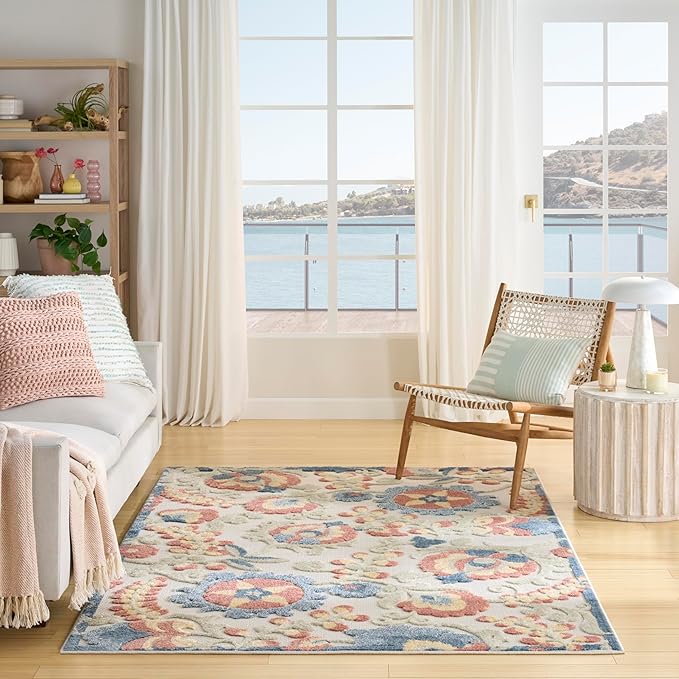 Nourison Home Aloha Grey Multicolor 5'3" x 7'5" Area Rug - Easy Clean, Non Shedding, Bed Room, Living Room, Dining Room, Kitchen (5' x 8')