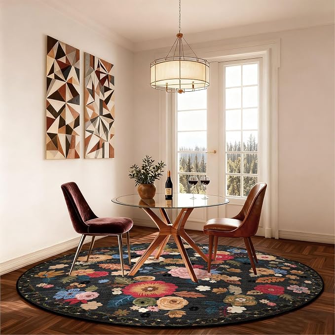 4ft Round Bedroom Rug Washable: Circle Rugs for Living Room Floral Vintage Non Slip Low Pile Soft Faux Wool Non Shedding Small Carpet for Kitchen Entryway Bathroom Bedside Office Farmhouse Entrance
