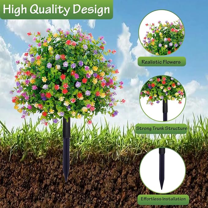 THKFUL Topiary Flower Ball Artificial Outdoor Set of 2,Fake Eucalyptus Boxwood Ball Evergreen Tree with Spike,UV Resistant Faux Shrubs Plants D15.8 for Outdoor Planter,Spring,Porch Decor
