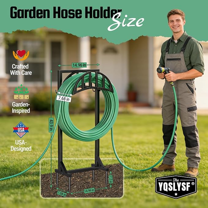 YQSLYSF 2 Pack Garden Hose Holder, Water Hose Stand with 4 Stake and 2 Tool Hooks, Heavy-Duty Metal Hose Storage Holds 150Ft, Freestanding Hose Hanger Rack for Outside, Yard, Lawn, Farm