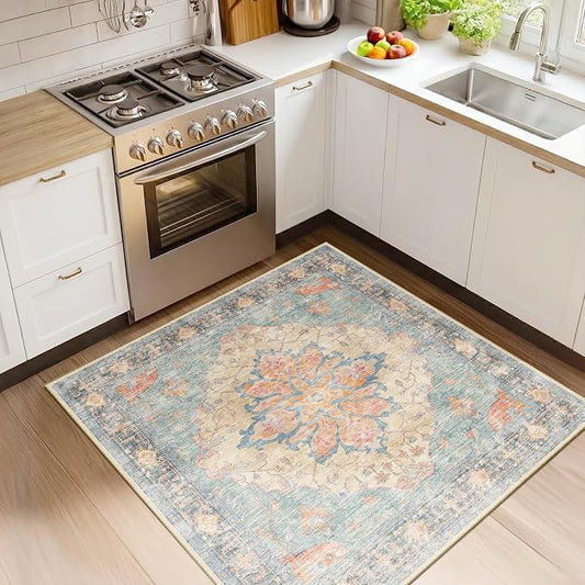 RELEANY Washable Area Rug, Square 4'x4', Blue/Orange/Red | Non-Slip, Water Repellent, Pet Friendly, Easy to Clean, Vintage Floral Boho Decor for Living Room Bedroom Entry Office