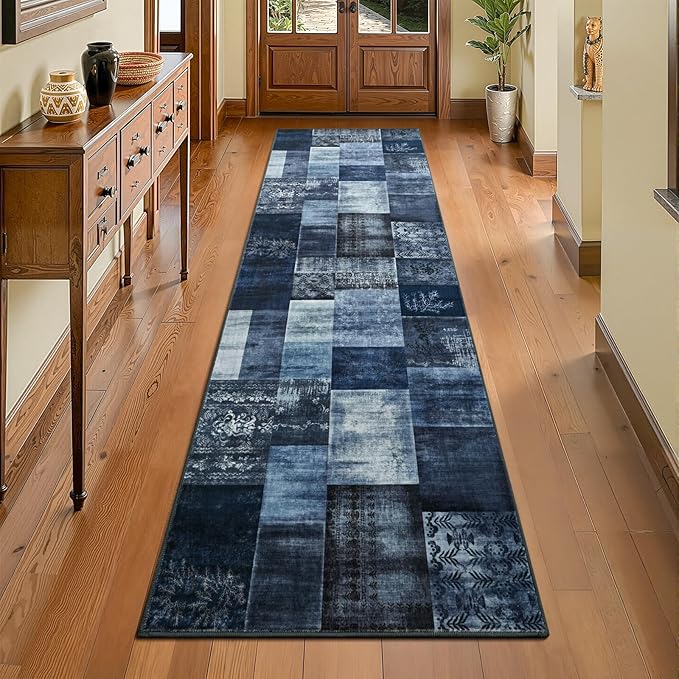 Runner Rug for for Hallways, 2'x6' Washable Kitchen Rugs with Non Slip Rubber Backing, Soft Low Pile Non-Shedding Geometric Carpet for Laundry Bedroom Bathroom, Navy Blue
