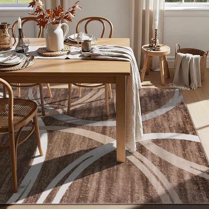 Rugshop Wavy Circles Modern Fade-Resistant Area Rug Brown 5'3" x 7'3" | Rectangular, Size 5'3" x 7'3", Living Room, Bedroom, Dining Room, Home Office, Kitchen, Entryway, Hallway, Nursery, Kids Room