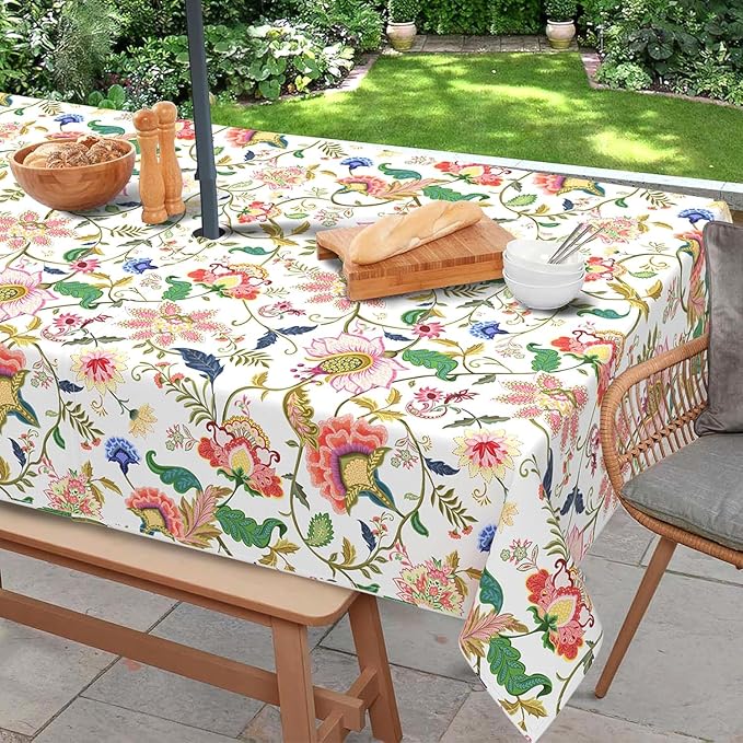Outdoor Tablecloth with Umbrella Hole and Zipper, Rectangle Patio Table Covers for Spring/Summer, Machine Washable Outdoor Picnic Table Cloth (Jacobean Floral, 60" × 120" Rectangular)