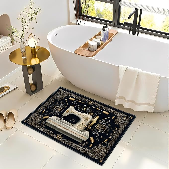 Vintage Sewing Machine Ornate 2x3 Entry Rug,Washable Small Rugs for Entryway Kitchen Bathroom Door Mat Indoor Entrance,Non Slip Rubber Backing,Stain & Fade Resistant,Craft Lover Decor