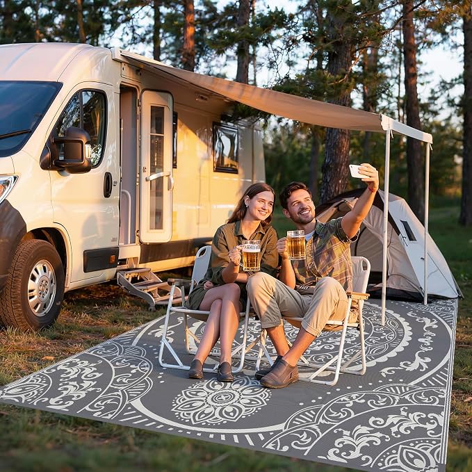 Pauwer Waterproof Outdoor Rug 8x10, Reversible Plastic Straw Patio Camping Rug, Indoor Outdoor RV Mat Carpet for Deck, Camper, Porch, Balcony, Backyard, Picnic, Paisley Grey