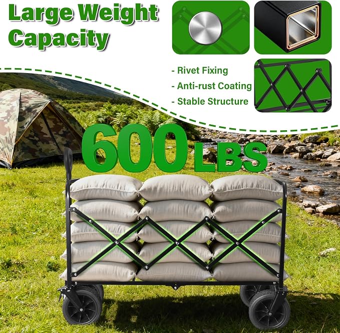 Folding Wagon Cart with All-Terrain Wheels – Heavy Duty Collapsible Utility Wagon for Grocery, Sports, Garden, Camping, Shopping (Black 600LBS)