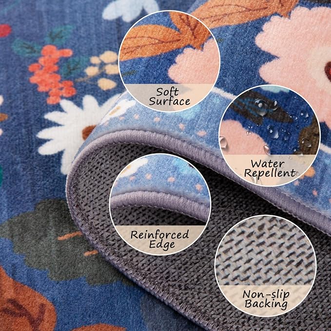 Floral Washable 2x8 Area Rugs Runner Entryway Hallway Blue/Grey | Flower Carpet, Print, Boho, Non-Slip, Easy to Clean, Low Pile, Soft, for Living Room Bedroom Kitchen Office Entrance