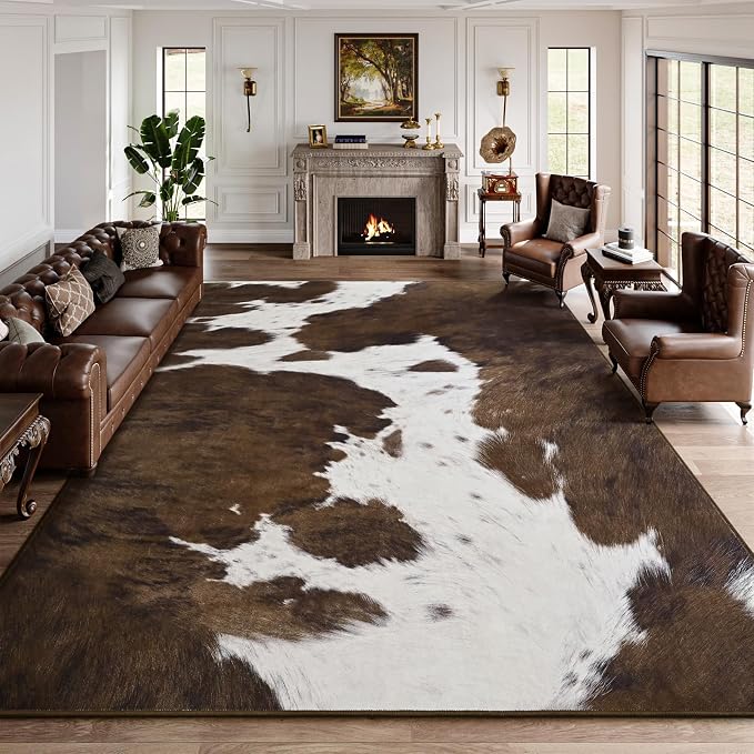 DweIke Cow Print Rug 8x10 – Brown Faux Cowhide Rugs, Washable Soft Non-Slip Stain Resistant Animal Cow Hide Carpet for Living Room Bedroom Dining Room Office, Western Home Decor
