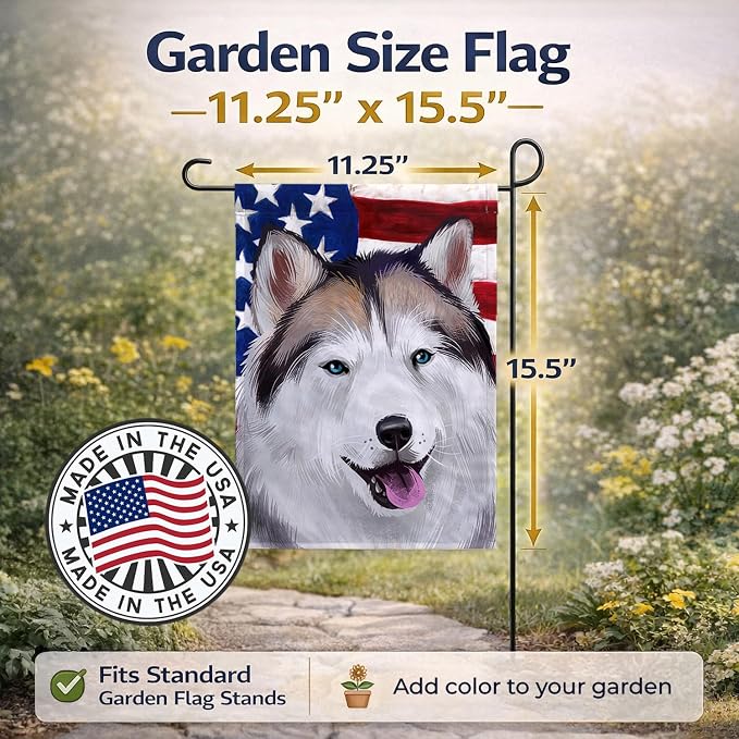 Caroline's Treasures CK6389GF Alaskan Husky American Flag Garden Flag Mailbox Flag Decorative Yard Flag Banner Outside Patio Artwork Yard Flower Beds, Garden Size, Multicolor