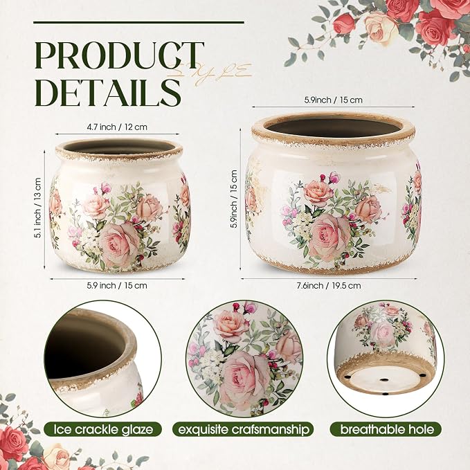 2 Pcs Vintage Planter Ceramic Plants Pot with Drainage Ice Crack Scroll Flower Vase Pot for Indoor Outdoor Plants Home Kitchen Decor Gifts(Country Rose,7.7" & 5.9")