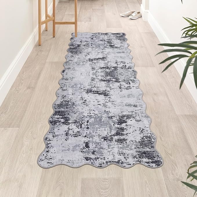 ROYHOME Scalloped Runner Rug 2x6 Modern Abstract Non Slip, Grey | Soft Stain Resistant Low Pile Machine Washable Non Shed Rug for Hallway Kitchen Bathroom