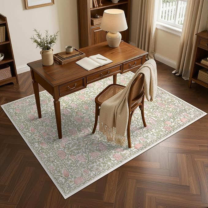 GarveeHome Pink Green Beige Floral 4x6 Area Rug for Nursery Bedroom | Washable Girls Dorm Office Rug Vintage Boho Rugs Low-Pile Non-Slip Stain Resistant TPE Backing