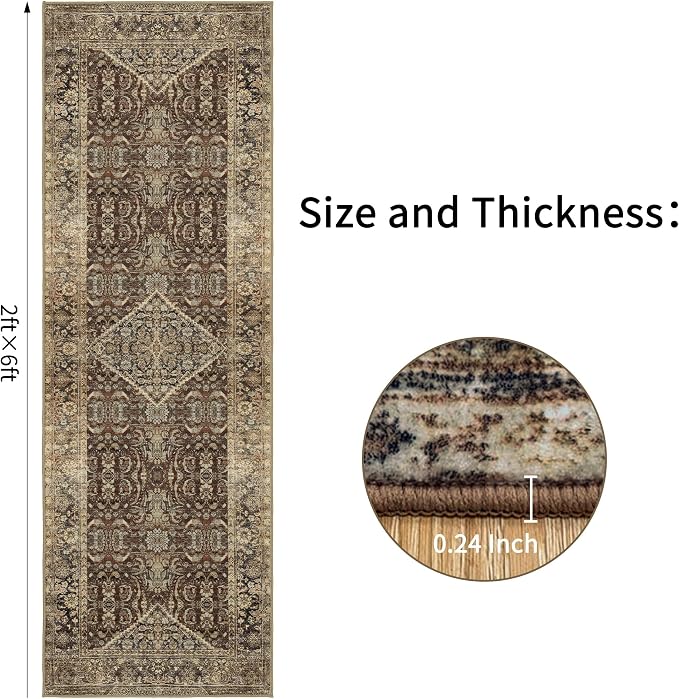 Vintage Brown Runner Rugs for Hallway: Washable Runner Rug 2x6 for Entryway Kitchen Bathroom Bedroom Indoor - Home Decor Mat Carpet - Oriental Dark Brown