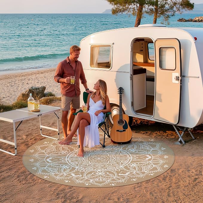 Pauwer Waterproof Outdoor Rug 8ft, Reversible Plastic Straw Patio Camping Rug, Indoor Outdoor RV Mat Carpet for Deck, Camper, Porch, Balcony, Backyard, Picnic, Floral Brown