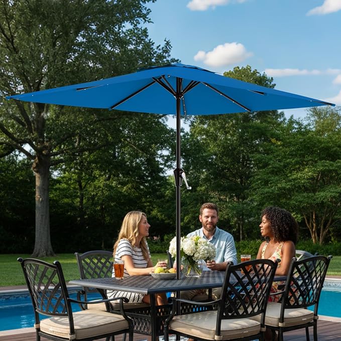 AreShark 8' X 10' Rectangular Patio Umbrella with Solar Lights, Lighted Solar Umbrella with Crank, Outdoor Table Umbrella for Garden, Deck, Backyard, Pool and Beach, Royal Blue