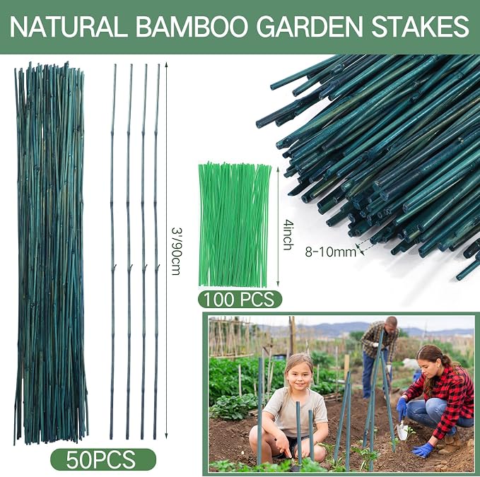 Suclain 50 Pcs 3 Feet Bamboo Stakes for Plant Support Bamboo Sticks Poles Indoor and Outdoor Tall Garden Stakes with 100 Twist Ties for Tomato Bean Flowers Trees Potted and Climbing Plant Support