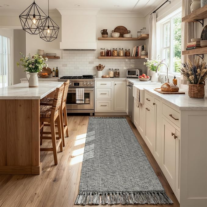 Boho Washable Kitchen Runner Rug, Farmhouse Hallway Rugs | 2.6' x 8' Modern Gray Bathroom Rugs, Hand Woven Low Profile Entry Hall Carpet for Laundry Bedroom Bedside PatioDecor