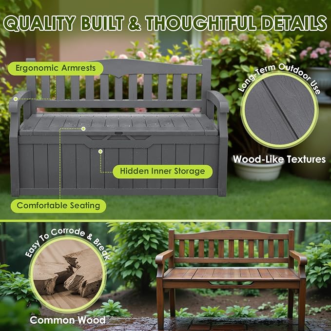 Greesum 80 Gallon Heavy-Duty Outdoor Storage Bench with Cushion, UV-Resistant Resin Bench with Armrest, Deck Box for Garden, Poolside, Patio, Dark Grey