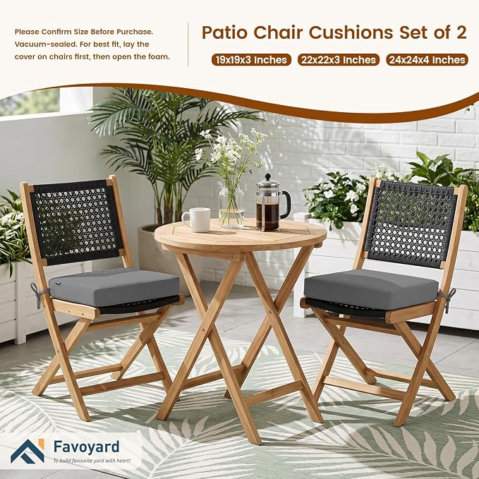 Favoyard Patio Chair Square Cushions Set of 2, Grey, 22 x 22 x 3 inches | 5-Year Fade-resistant & Water-resistant Memory Foam Pad with Removable Cover & Ties for Outdoor Furniture Dining Chairs Seat