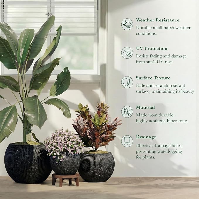 DTY Premium Mt Sherman Fiberstone Sphere Planter for Indoor Outdoor Use, Round Pot for Olive Tree, Lightweight, Smooth Finishes. 2 Coco Mats. Ribbed Black, Large 21.1'' D x 16.7'' H. 14.6” Pot Opening