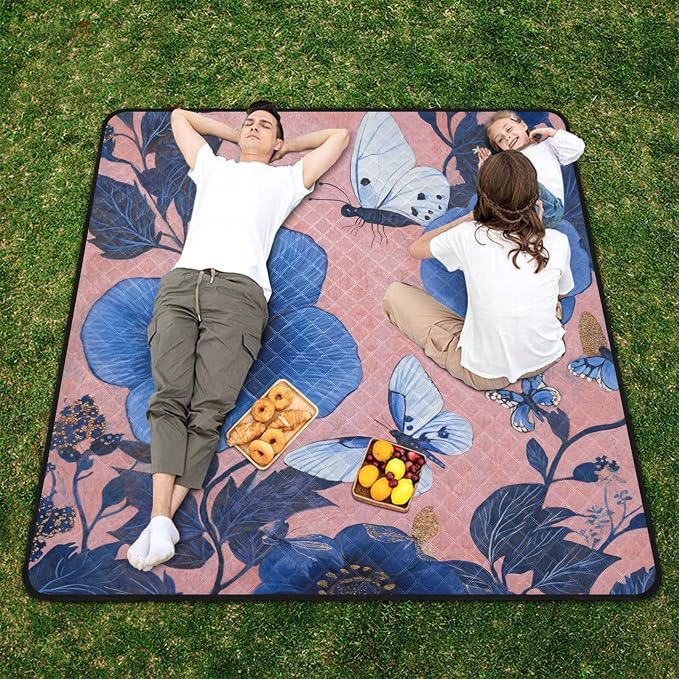 Blue Flower Butterfly Waterproof Picnic Basket Set Portable Outdoor Picnic Accessories Outdoor for Outdoorsy People Couples Gift cobija para parque
