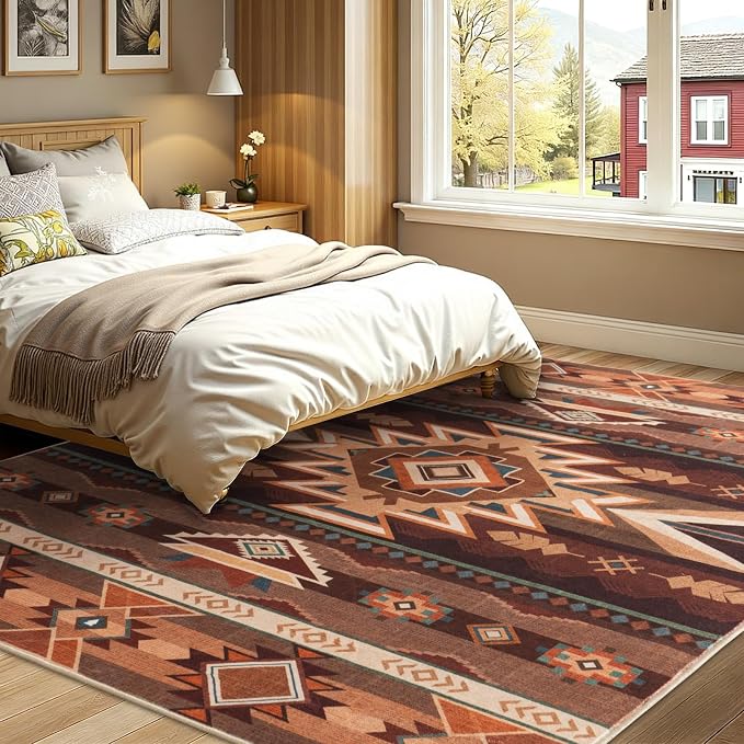 5x7 Western Rustic Aztec Area Rug for Living Room Bedroom Dining Room | 5x7 Southwestern Tribal Red Brown Low Pile Faux Wool Rug, Machine Washable Non-Slip Carpet for Living Room Dining Bedroom
