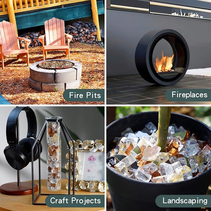 Onlyfire 10 lbs Fire Glass Rocks 1/4 Inch, Reflective Tempered Glass for Propane Fire Pit & Gas Fireplace, High Luster Firepit Glass Stones for Fire Table, Gold+Platinum+Copper