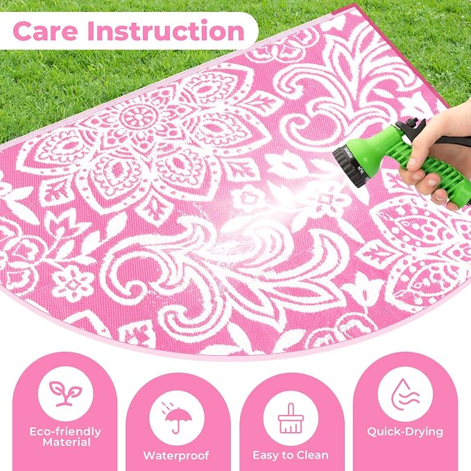 Findosom Waterproof Outdoor Rug 5' x 8' - Reversible Mandala Outdoor Plastic Straw Rug, Durable Foldable Patio Rug for RV, Deck, Balcony, Backyard, Picnic, Porch, Camping, Beach, Pink