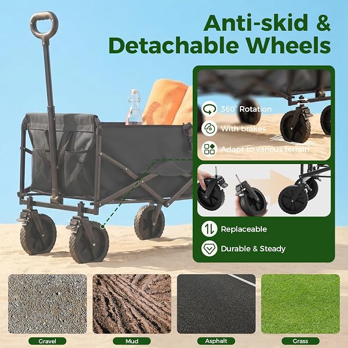 DUMOS Collapsible Wagon Cart, Heavy Duty Foldable Utility Wagon with Lockable Brake Wheels – 330 lbs Capacity, Flexible Handle for Beach, Garden, Sports, Grocery & Camping, Black