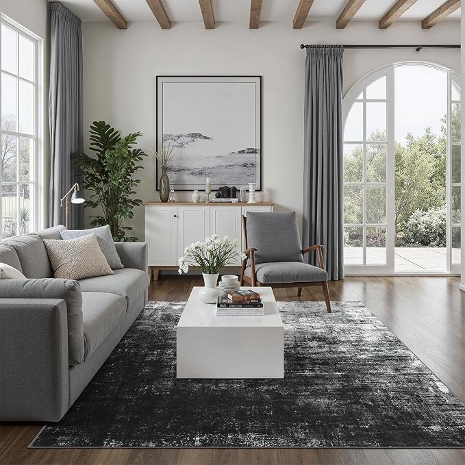 DCX Washable Abstract Area Rug 6x9, Non Slip Low Pile Rug, Black | Easy to clean, non-shedding, soft, kid & pet friendly, with a non-slip rubber backing for living rooms, bedrooms, and offices