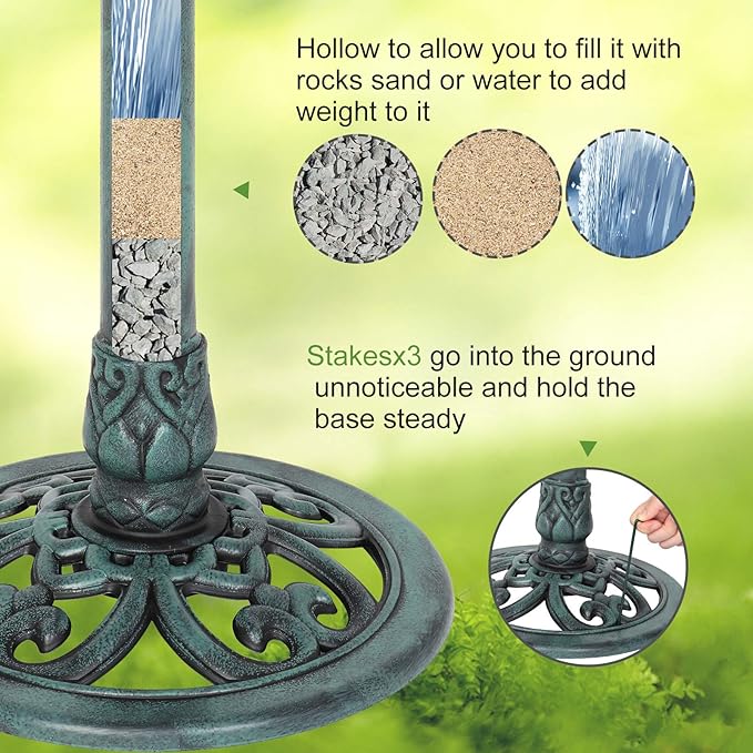 VINGLI Pedestal Bird Bath with Solar Fountain, Solar Pump Resin Birdbaths, Weather Resistant Bird Baths with Ground Stakes, Vintage Finish Garden Decor for Outdoor, Patio, Yard, Lawn(Green)