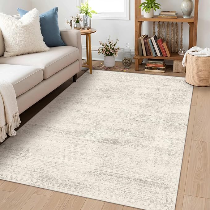 Latte&Fog Washable 3x5 Entryway Rug, Ivory Area Rugs for Living Room | Non Slip Low Pile Soft Floral Cute Carpet for Dining Kitchen Kids Playroom Nursery Guest Room Classroom Dorm Farmhouse Office